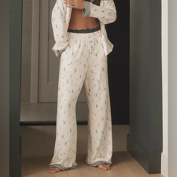 NWT new large Anthropologie briar pajama pants winter ice skate print white ski - Picture 1 of 17